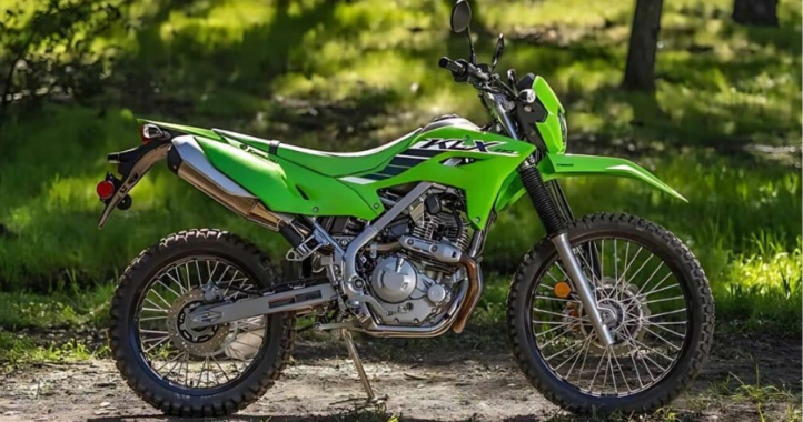 2027 Kawasaki KLX230 dual-sport motorcycle parked outdoors showcasing its rugged adventure-ready design